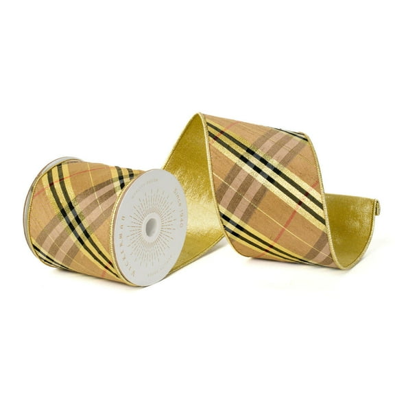 Vickerman QK240565 4 in. x 10 Yards Gold Black Diagonal Plaid Gold Wired Ribbon