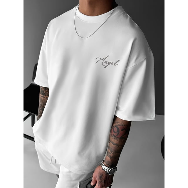 Men's Casual Streetwear Angel Graphic T-Shirt - Loose Fit Cotton Blend, Breathable Summer Tee with Round Neck & Short Sleeves, Hand Wash Only, Urban Fashion Essential, Casual Sporty Tee, Summer Gifts