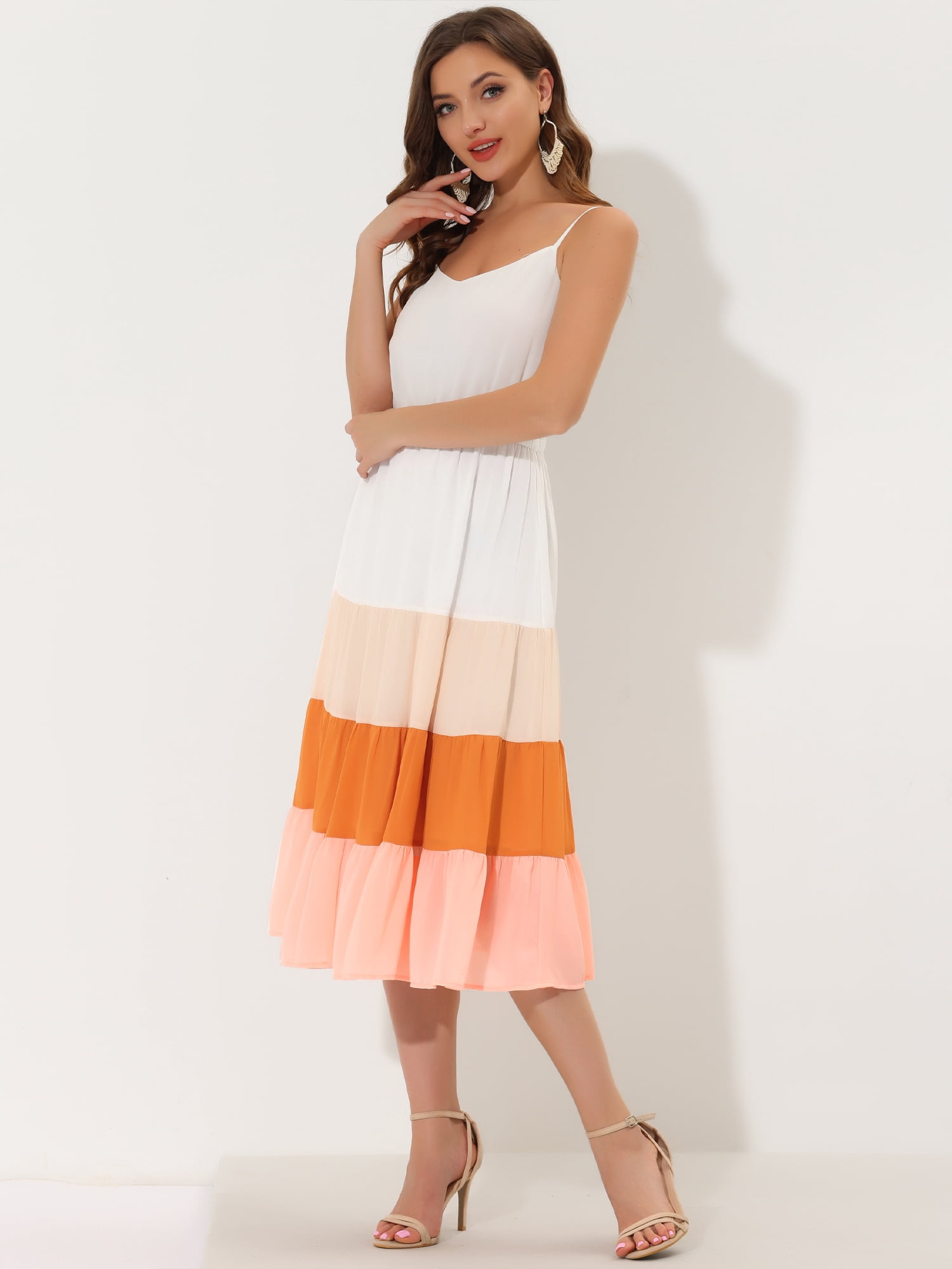 DARING DIVA Women's V Neck Sleeveless Elastic Waist Maxi Dress XS White Pink