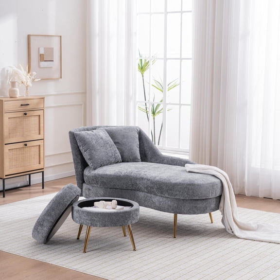 Lisonu 58'' Grey Chenille Chaise Lounge Left-Arm Recliner with Lumbar Pillow & Footstool, Foam   Pocket Spring Seat, Metal Legs, Removable Cushions – Modern Living Room Sofa