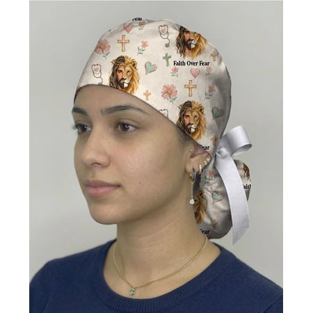 Faith Over Fear Scrub Cap, Christian Nurse Scrub Hat, Jesus Lion Medical Cap, Bible Verse Surgical Cap, RN Gift for Christian