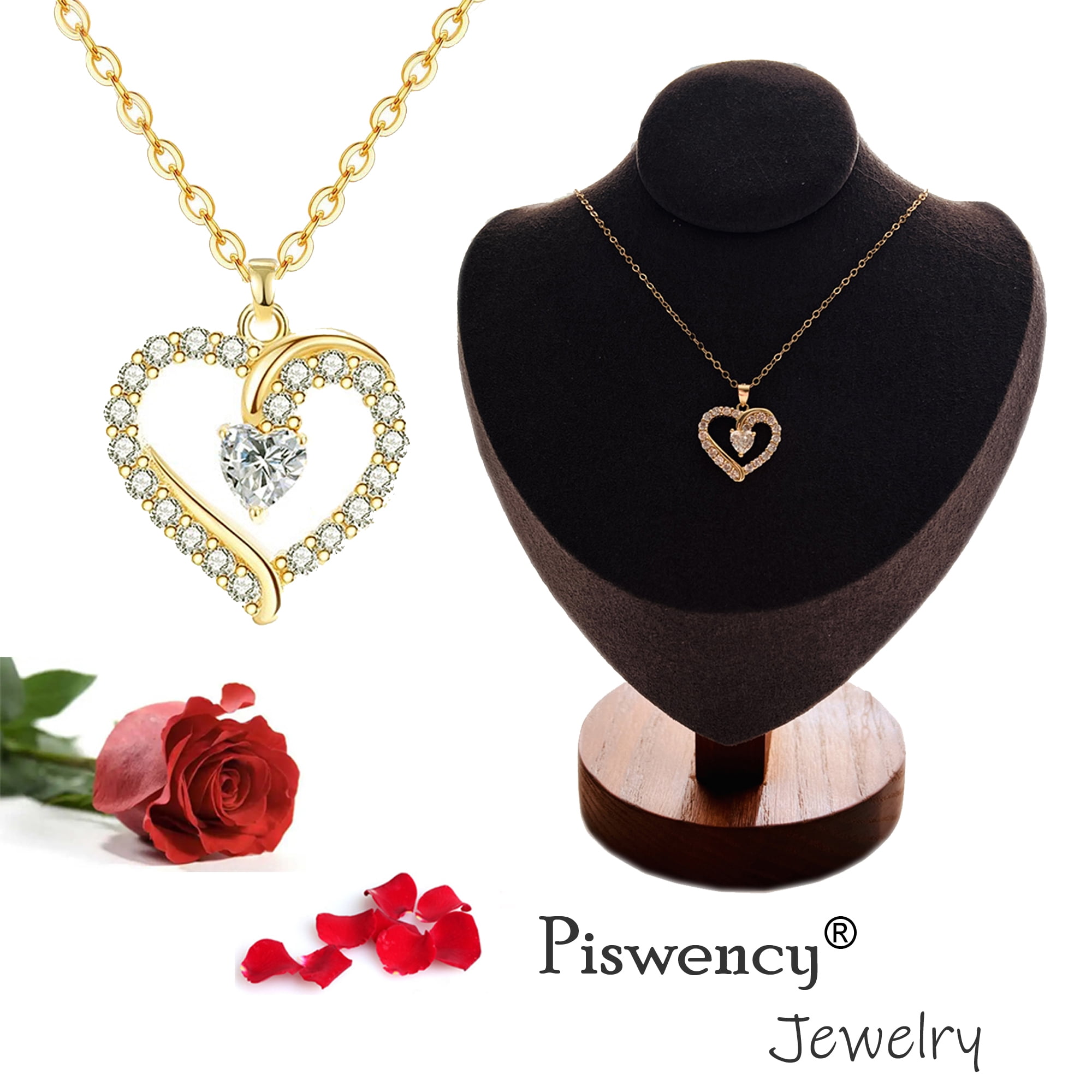 Piswency 14K Real Gold Filled Heart Necklace for Women CZ Love Heart Pendant Necklace with Adjustable Heart Chain for Valentine’s Day, Mother’s Day, Birthday, Handmade Jewelry, Gift for Her