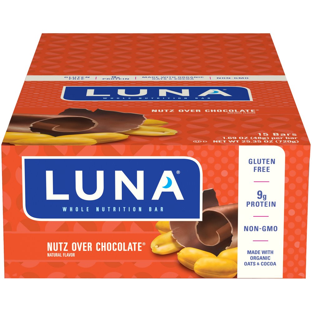 LUNA BAR Snack Bars, Gluten Free, Nutz Over Chocolate Flavor, 15 Ct, 1.69 oz (Packaging May Vary