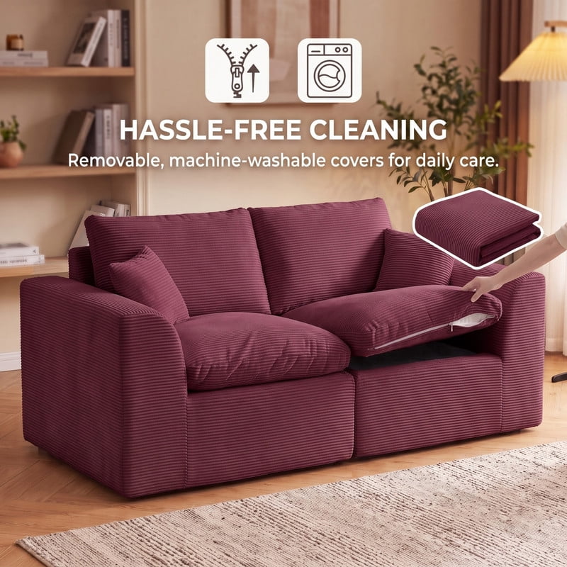 Gewnee Loveseat Sofa, Modular Cloud Couch, Corduroy 2 Seater Sofa with Removable Covers, No Assembly Required,WINE RED