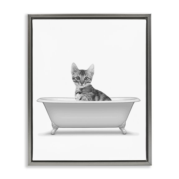 Stupell Industries Cottage Kitten In Bathroom Tub Animal Gray Floating Frame Canvas Art, 17 x 21, by Annalisa Latella