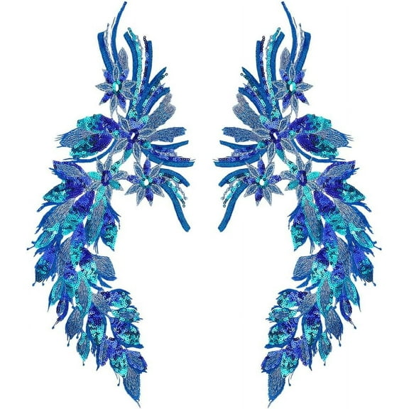 2Pcs Blue Lace Sequins Embroidered Patches Sew on Embroidered Lace Applique Flower Sequins Lace Appliques for Wedding Dress Sewing Garment Decor Clothing Decoration