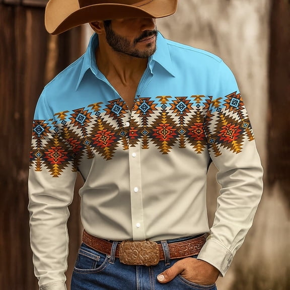 Men's Denim-Style Western Long Sleeve Shirt Button-Front with Chest Pockets and Colorful Aztec Print Lightweight Soft Cotton Blend for Streetwear and Weekend Outings All-Season