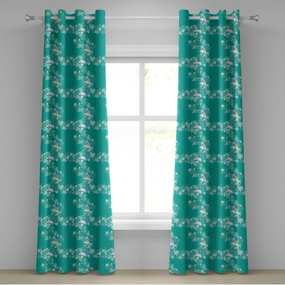 Ambesonne Fish Grommet Curtain, Dolphins and Flowers, 50" x 108", Sea Green White