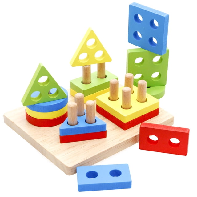 Miangastore Wooden Geometric Blocks Building Stacker Shape Sorter Column Puzzle Stacking Set for Kids