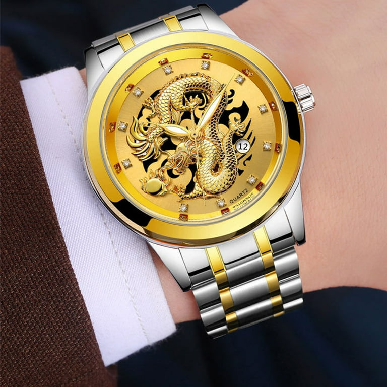 KUNyu Luxury Dragon Rhinestone Round Dial Luminous Analog Quartz Unisex  Wrist Watch 