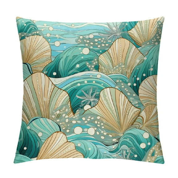 JRXY Beach Life Throw Pillow Covers Square Wood Grain Background Decorative Pillow Cases Summer Style Coral Shell Cushion Cover White