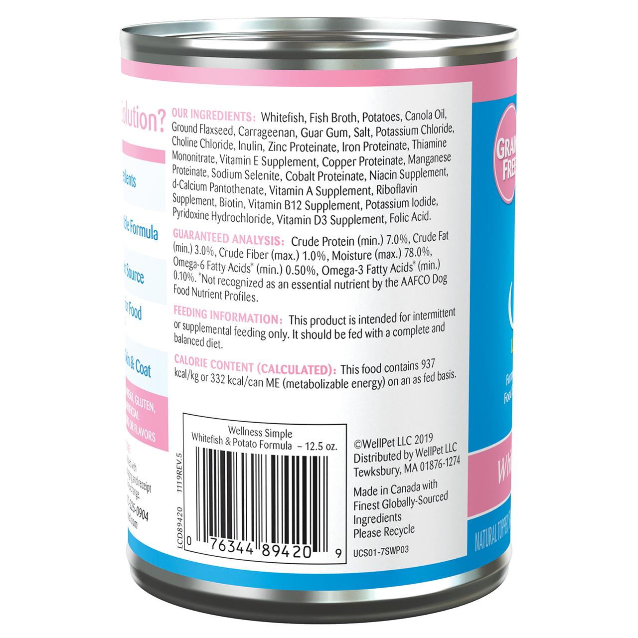 Wellness Simple Natural Wet Canned Limited Ingredient Dog Food, Whitefish & Potato, 12.5-Ounce Can (Pack of 12) - image 3 of 8