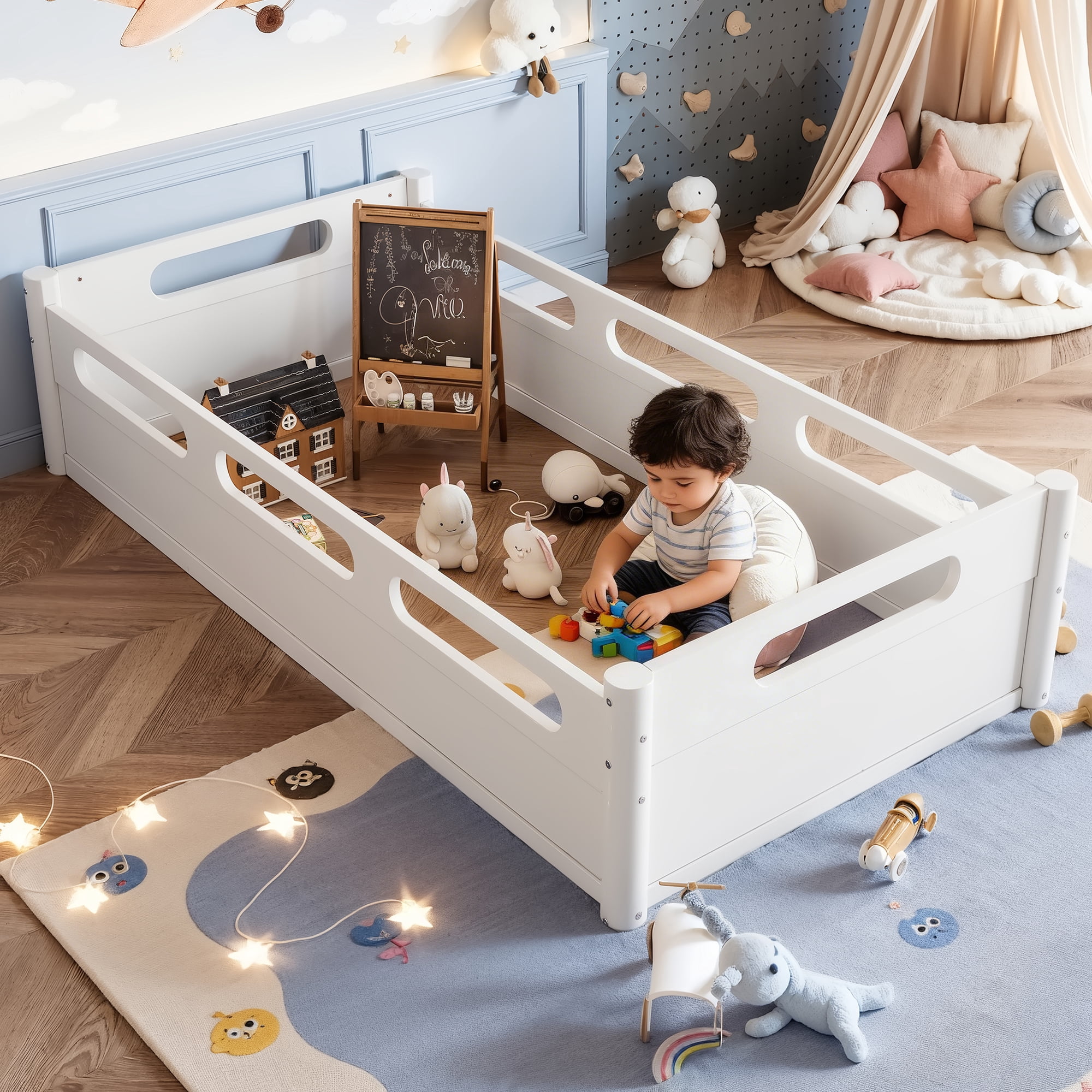 Leumius Twin Size Floor Bed with Full-length Guardrails,Low Profile Montessori Bed Frame,Easy Assembly, No Box Spring Needed,White