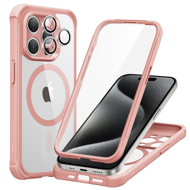 Funda ESR para iPhone 15 Pro con cristal templado, color rosa transparente