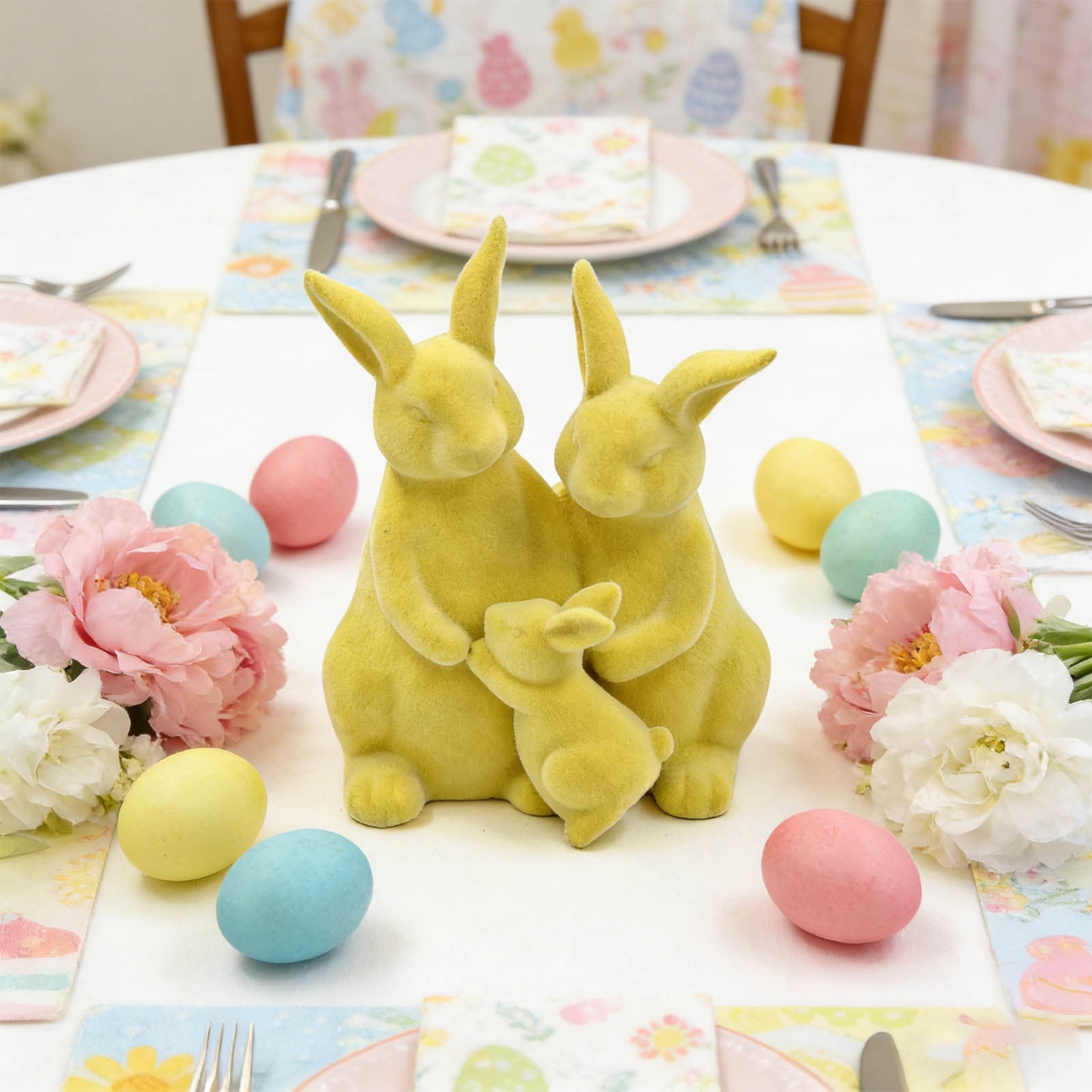 AZXY Minimalist Flocked Velveteen Easter Bunny Figurine, Blue and Yellow Spring Home Tabletop Decor, Festive Holiday Decoration