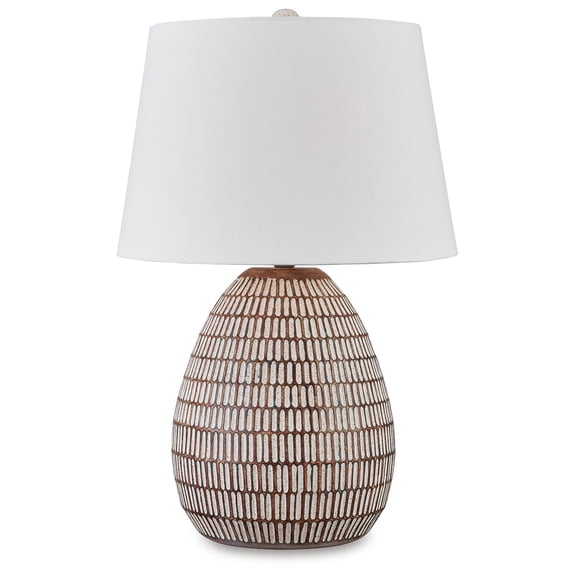 Signature Design by Ashley Darrich Metal Table Lamp, Distressed Beige & White, 15" Tall, Modified Drum Shade
