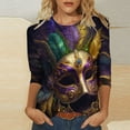 thumbnail image 2 of DDAPJ pyju Womens Mardi Gras 3/4 Sleeve Tops Fashion Mask Graphic Tees Dressy Casual Round Neck Tunic Blouse New Orleans Carnival Party Tee Shirts Multicolor 5XL, 2 of 6