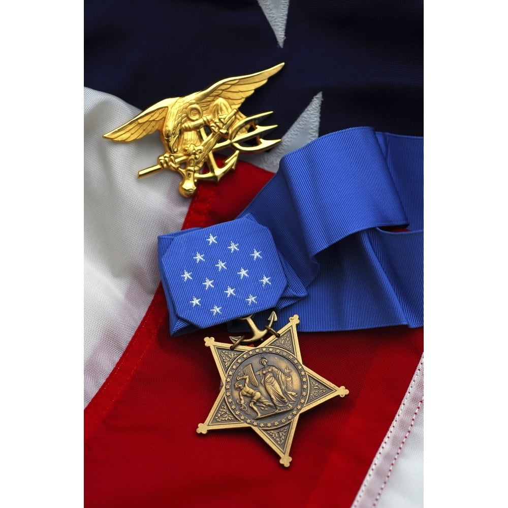 Closeup of the Medal of Honor award and American flag Poster Print (11