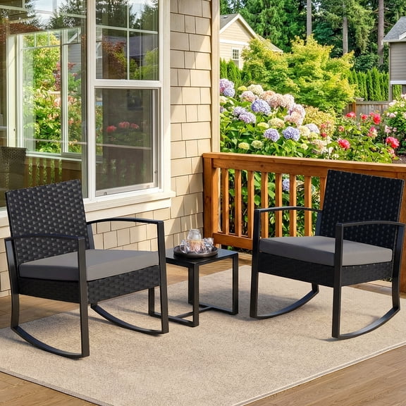 Jolifa 3-Piece Patio Furniture Set,Outdoor Rocking Wicker Bistro Set with Cushions & Tempered Glass Table - for Porch|Balcony|Garden (Black)