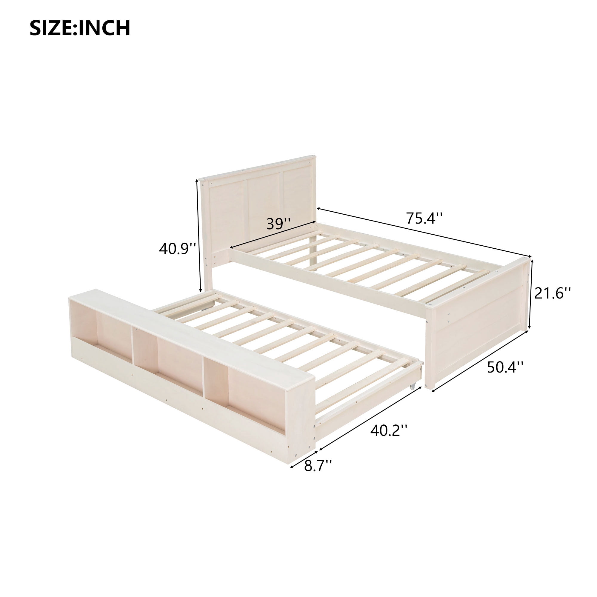 Alvantor Twin Bed Frames with Pull Out Trundle, Headboard and Storage Shelves, Cream White
