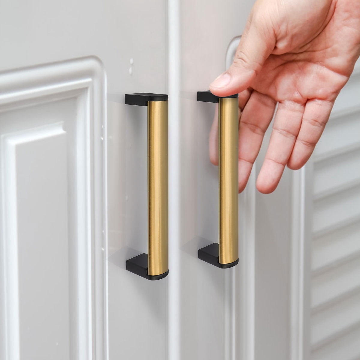 Fulgente 10 Pack Brushed Brass 5''  Cabinet Handles for Kitchen 5inch (128mm) Hole Center Dresser Drawer Pulls Gold and Black Hardware for Bathroom Cabinets Flat Brass