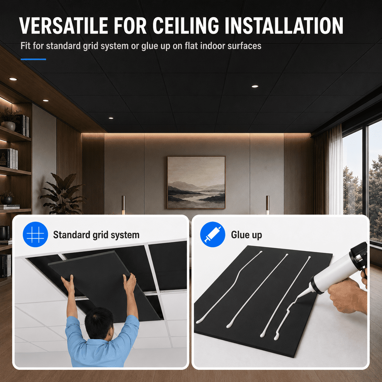 Yeslife 10-pack Smooth Drop Ceiling Panels, 2ft x 4ft black premium pvc, fire-rated waterproof reusable, anti-sag anti-break design, covers 80 sq ft for basement home office indoor decor