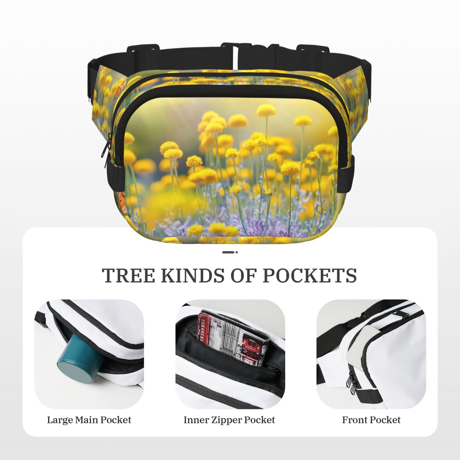 Picia Flowers And Butterflies Print Square Double-Layer Waist Bag Mini Adjustable Waist Belt Bag Exercise Running Travel Hiking