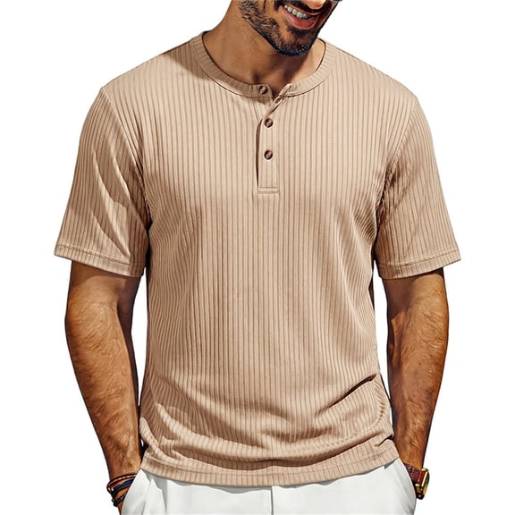 Lmueinov Men's Ribbed Henley Short Sleeve T Shirts, Casual Loose Fit Button Placket Solid Color Tops, Versatile Daily Wear Shirts S-3XL