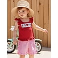 thumbnail image 5 of BemeyourBBs Toddler Baby Girl 4th of July Outfit Patriot Fourth of July Summer Independence Day Clothes American Flag Heart Embroidered Backless Flying Sleeve T shirt Tops Plaid Ruffle Shorts Set, 5 of 9