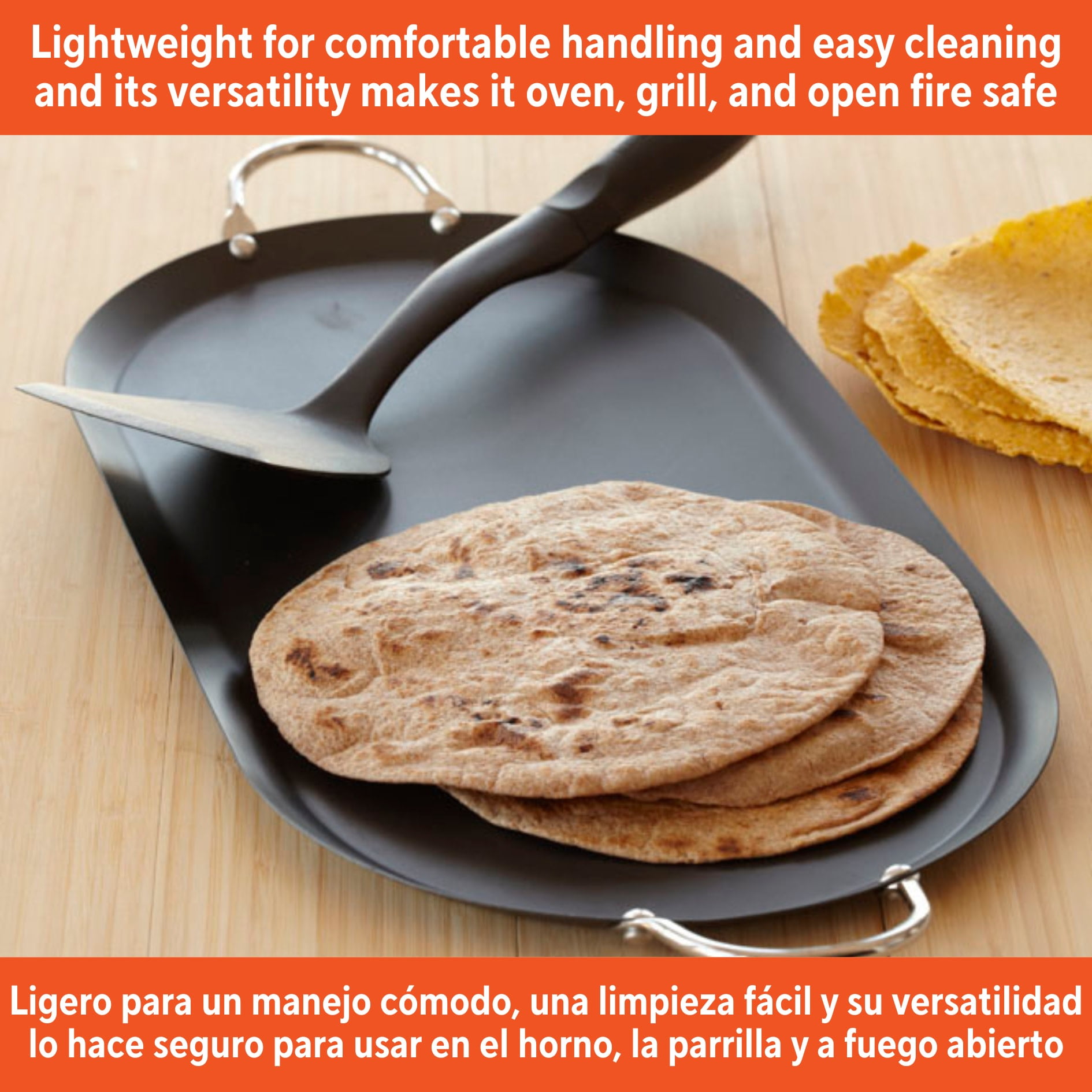 IMUSA 17in Carbon Steel Nonstick Oval Comal with Metal Handles, Black