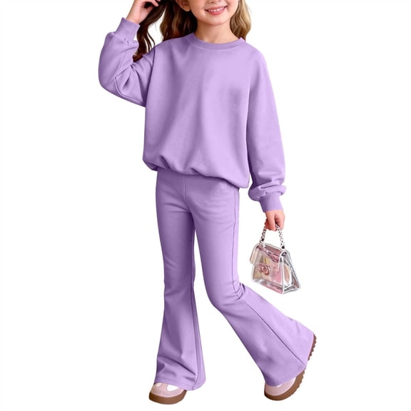 UACY Girls Fleece Pullover Oversized Sweatshirt and Flared Leg Pants Set, Elastic Waist Bell Bottom Pants Outfit (Purple, 3-4 Years)