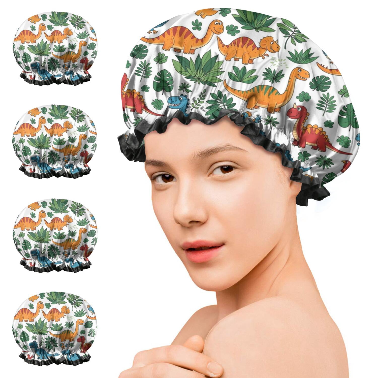 Shower Caps,White Colorful Dinosaurs Jungle Pattern Waterproof Shower Cap for Women 4 Pieces,Double Reusable Hair Cover for Shower PEVA Elastic Stretch Hem