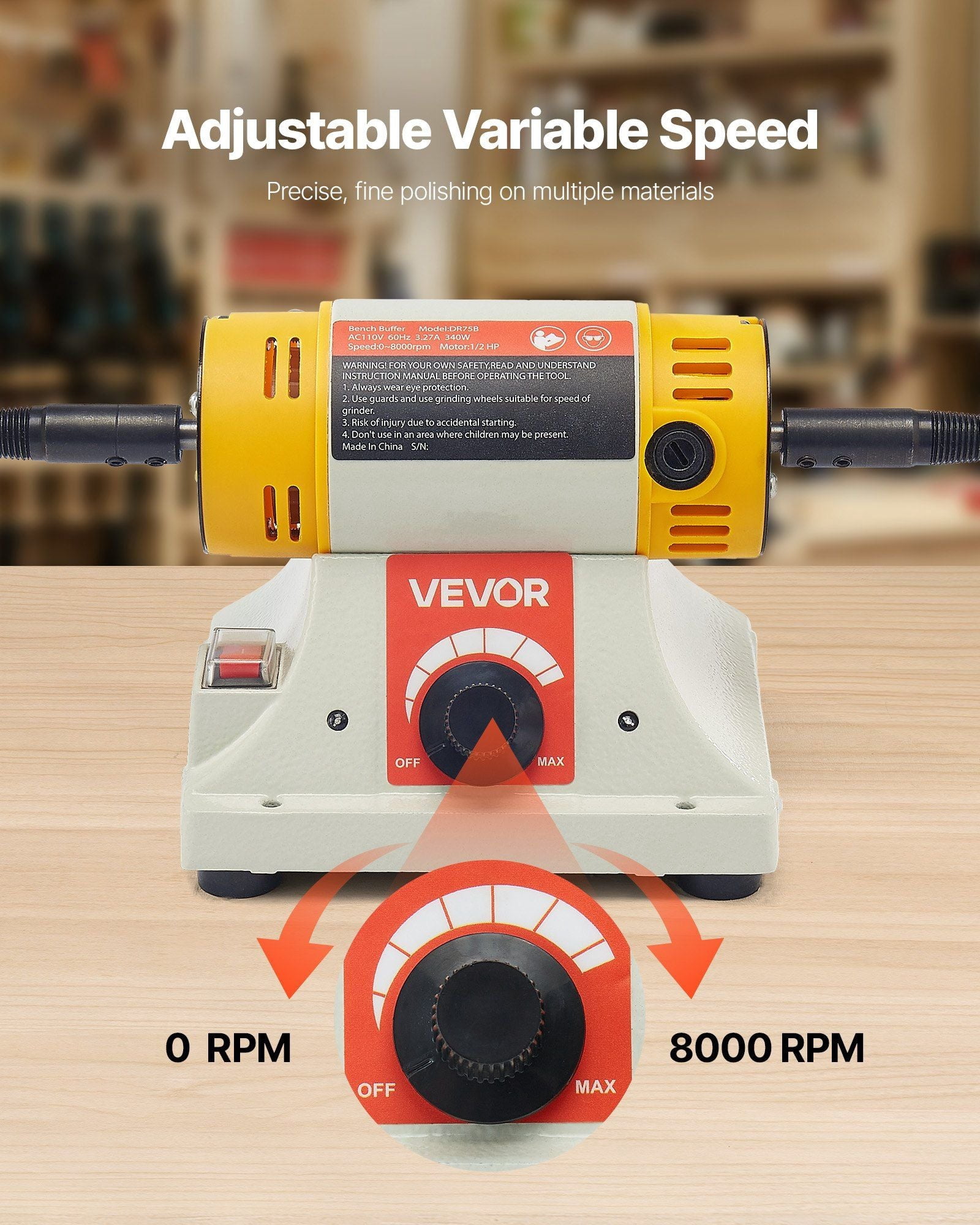 1/2HP Bench Buffer Polisher 0 to 8000RPM with 3-inch & 4-inch Wheels