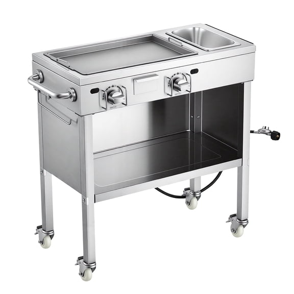 KFFKFF Outdoor Propane Griddle with 2 Burners (11,600 BTU Each), Stainless Steel Gas Griddle Cart Featuring 4 Lockable Wheels, 1/3 Food Pan, Side Handle for Easy Handling