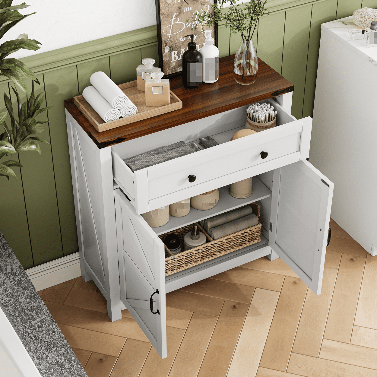 Oufan Farmhouse Storage Cabinet with Drawer and 2 Doors, Adjustable Shelf Freestanding Kitchen Pantry Cabinet, Modern Coffee Bar Console Cabinet for Kitchen,Living Room,Bedroom, White