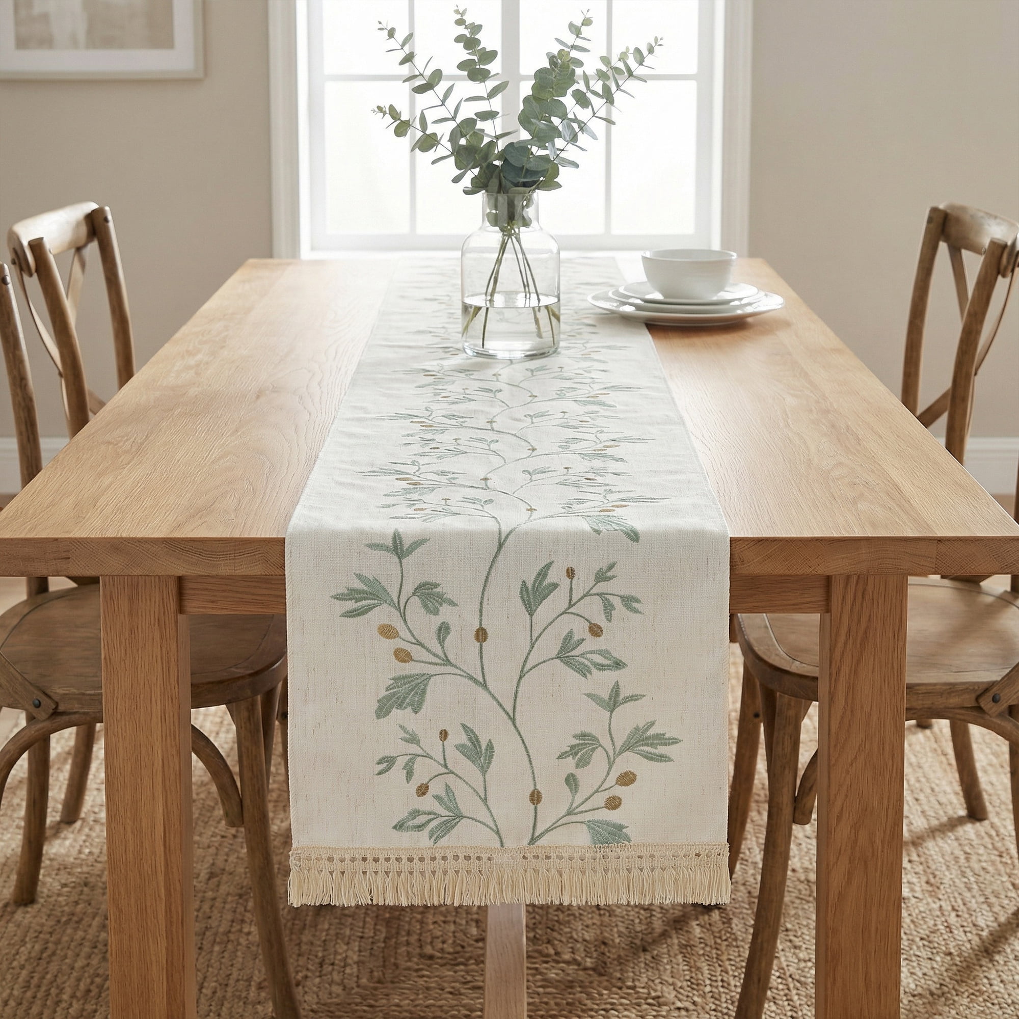 Unique Bargains Long Washable Floral Table Runner for Dining Decor Green 15.4"x70.9"