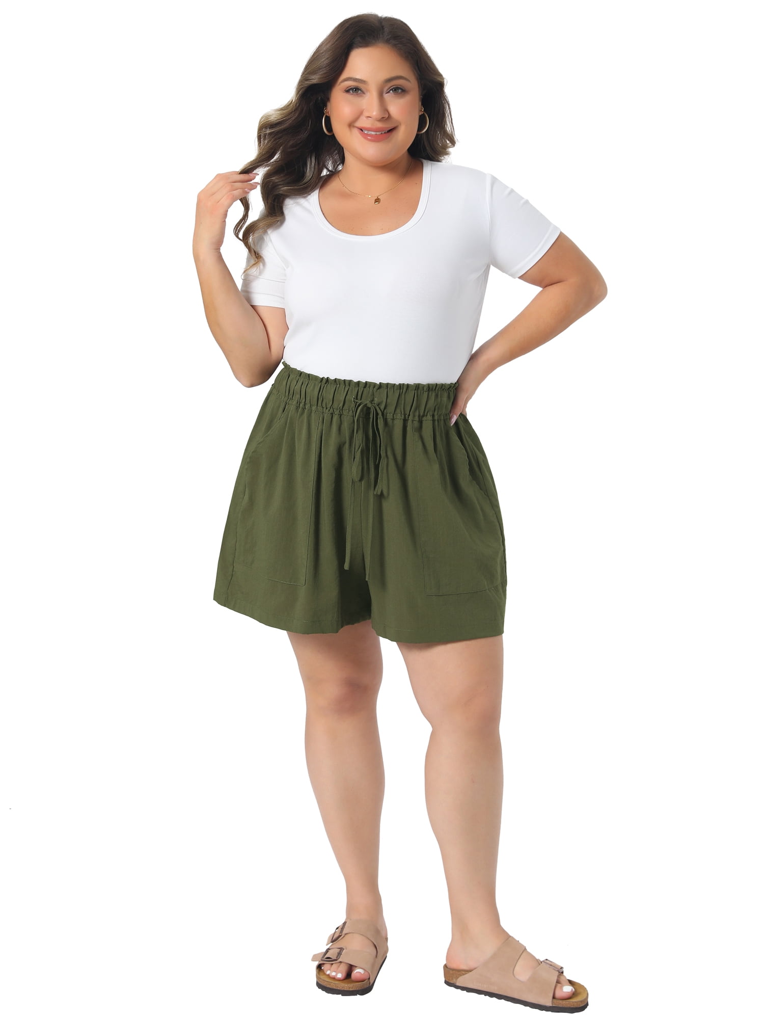 DARING DIVA Women's Plus Wide Leg Drawstring High Waist Beach Shorts 4X Army Green