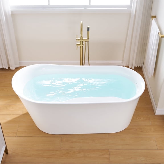 ANGELES HOME 66" Acrylic Freestanding Bathtub, Soaking White Bathtub with White Drain and Integrated Slotted Overflow Included, 73 Gallons, Glossy White