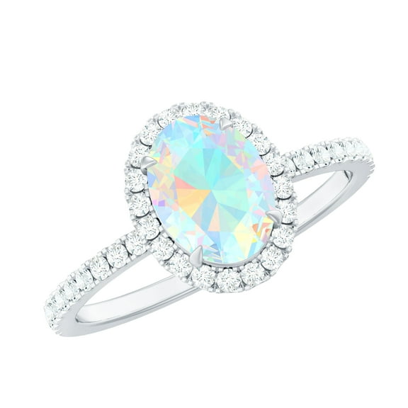Rosec Jewels Oval Ethiopian Opal Ring with Diamond Halo for Women (6X8 mm, AAA Grade), 925 Sterling Silver, US 4.00