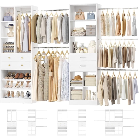 Homieasy Adjustable Walk-in Closet System, 10.7FT (72"-128.6") with 4 Wooden Drawers, 6 Hanging Rods, 3-Tier Shoe Rack & Grid Cubes, Heavy-Duty 1000LBS Capacity for Bedroom Organization，White