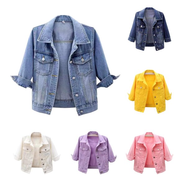 Jean Jacket Women 3/4 Sleeve Colored Cropped Denim Jacket Trendy Light Wash Short Jean Jacket Plus Size Denim Jacket