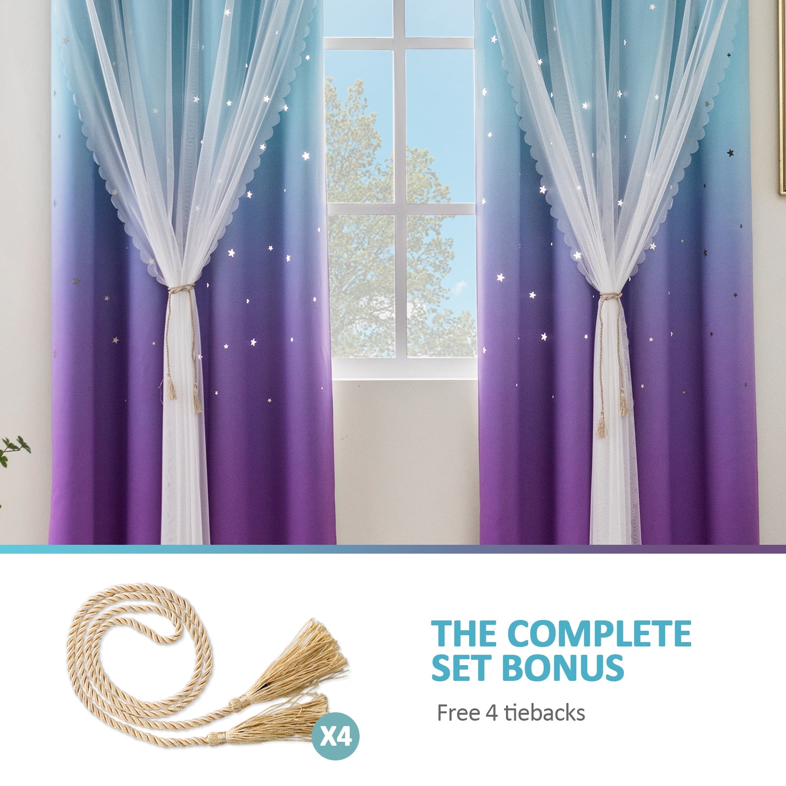 Anjee Blackout Curtains for Kids Girls Bedroom Curtain,Star Curtain Dual Layer Curtains with Sheer 2 Panel Set,52" x 95",Blue Purple