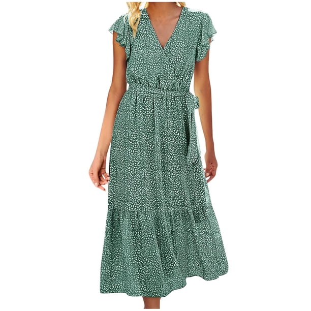 Vestido de Manga Corta para las Mujeres, Cintura Elástica Vestido de Playa de Verano de Gasa con Doblado de Línea, Casual Y Fluido