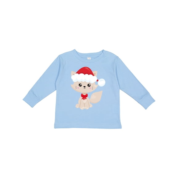 Inktastic Christmas Cat, Cute Cat, Beige Cat, Santa Hat, Xmas Girls Long Sleeve Toddler T-Shirt