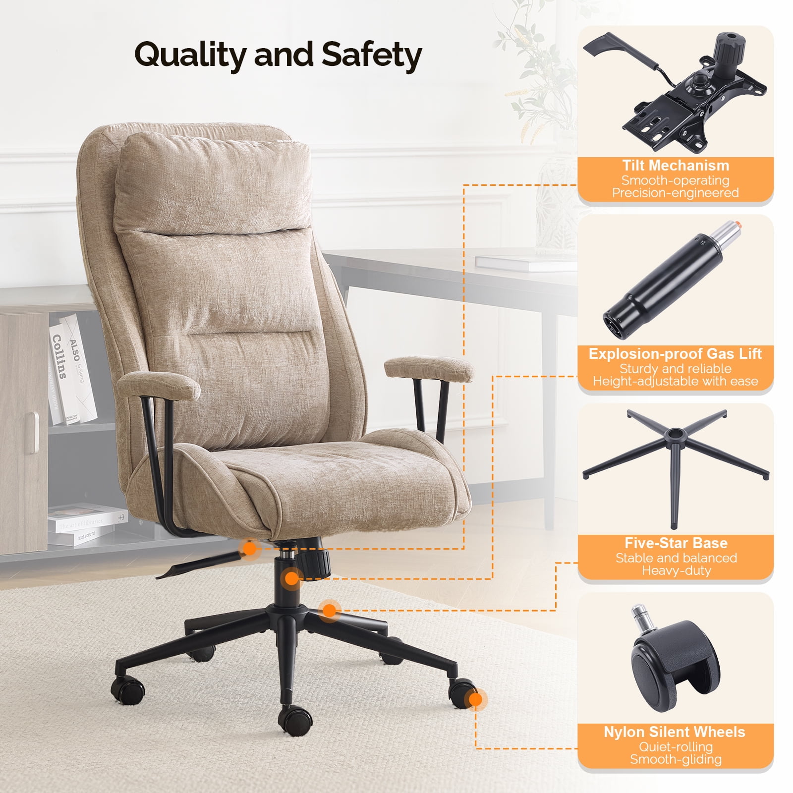 Ktaxon Office Gaming Chair High Back with Armrests – Adjustable Swivel Chair 360° Rotation 30° Recline Chenille Seat Star Base Wheels Light Khaki