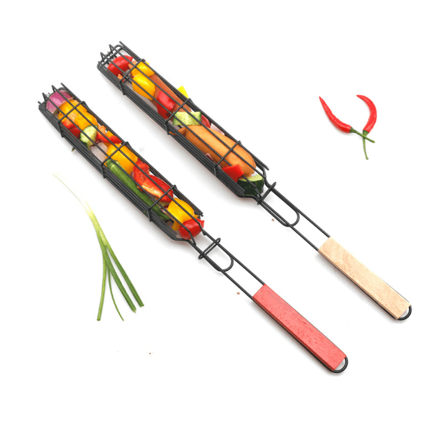 RV 2 piezas de parrilla para barbacoa, mango de madera, pinzas para salchichas, cesta para barbacoa, pinzas para barbacoa, herramienta para barbacoa, parrilla para barbacoa brillar Electrónica