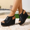thumbnail image 3 of Rokment Women's Platform Wedge Gladiator Dressy Sandals Fashion Casual Metallic Leather Peep Toe Chunky High Heels Elastic Slingback Summer Shoes for Ladies Black Size 6, 3 of 6