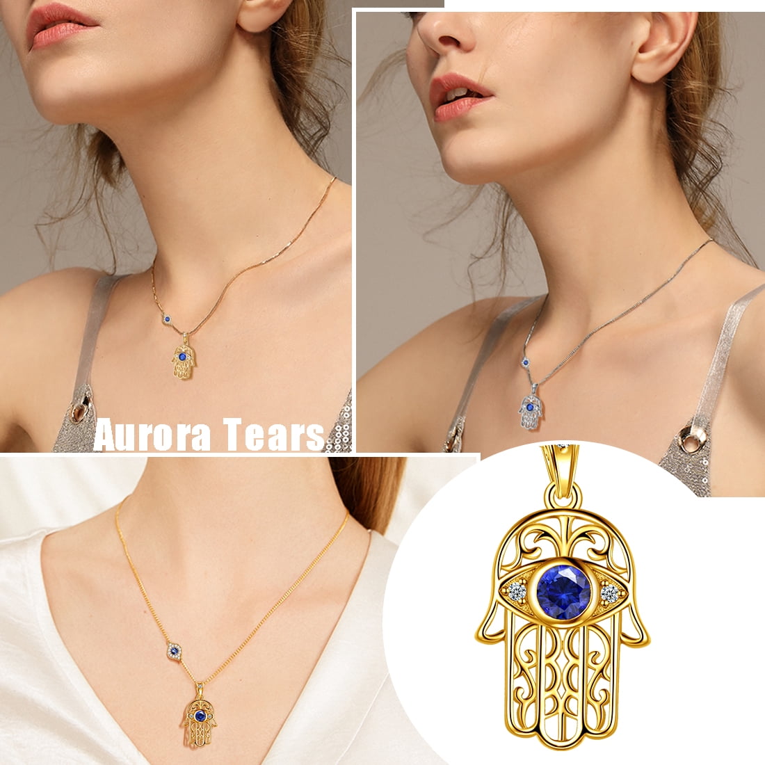 Hamsa Hand Necklace 925 Sterling Silver Blue Third Eye Hand of Fatima Pendant Protective Jewelry Women Gifts Hipunk