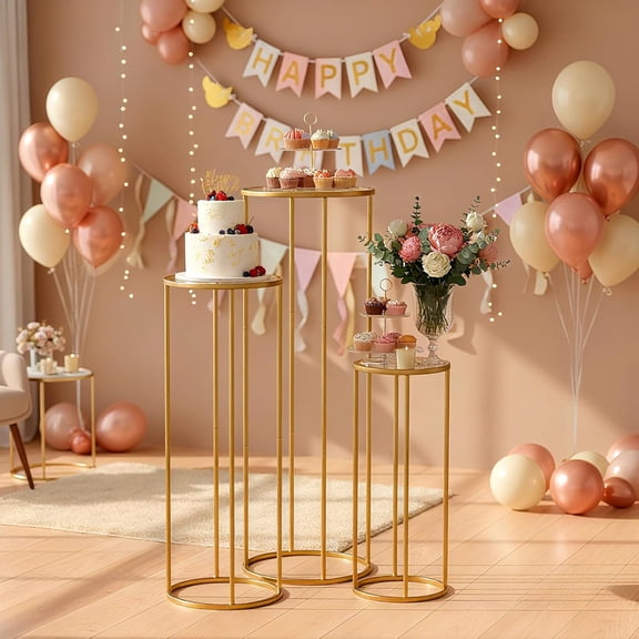 Cylinder Stands for Party, 3Pcs Gold Round Pedestal Stand for Parties, Metal Cake Stands with Acrylic Countertop, Cilindros para Fiestas for Birthday Party Wedding Baby Shower Decor