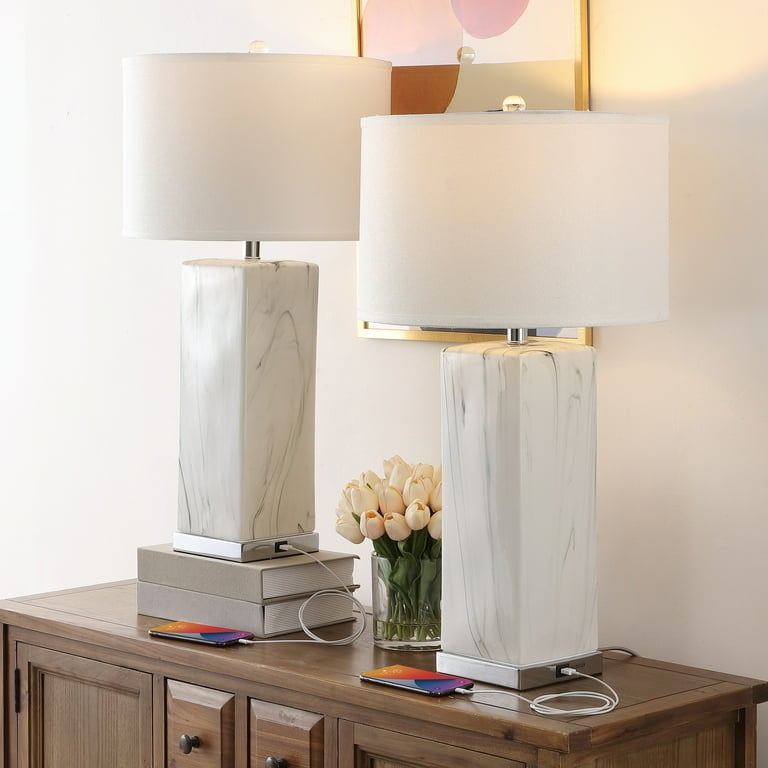 SAFAVIEH Olympia 29 in. Mid-century Clear Ceramic USB Port Table